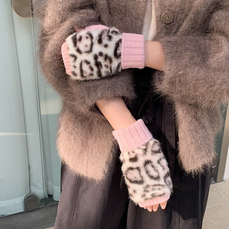 Leopard Fingerless Gloves With Ribbed Cuff - Pink