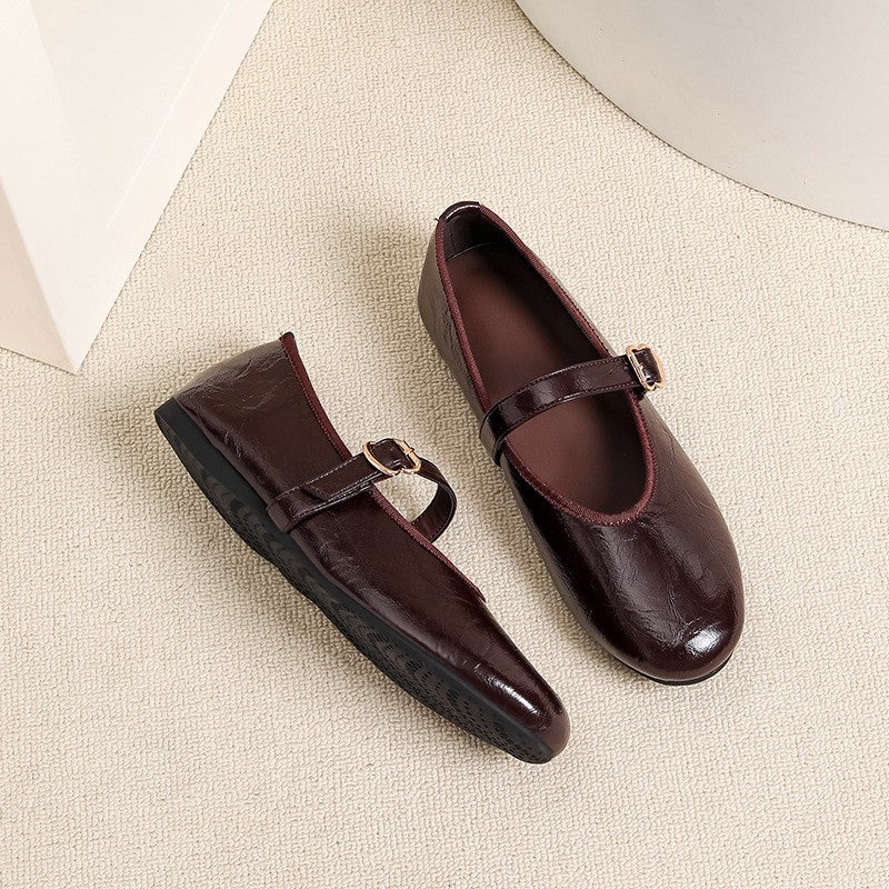 Round Toe Buckle Strap Mary Jane Flats - Burgundy