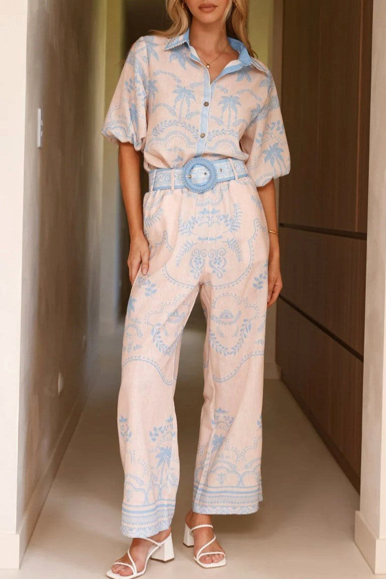 Border Print Shirt And Belted Pants Set - Blue