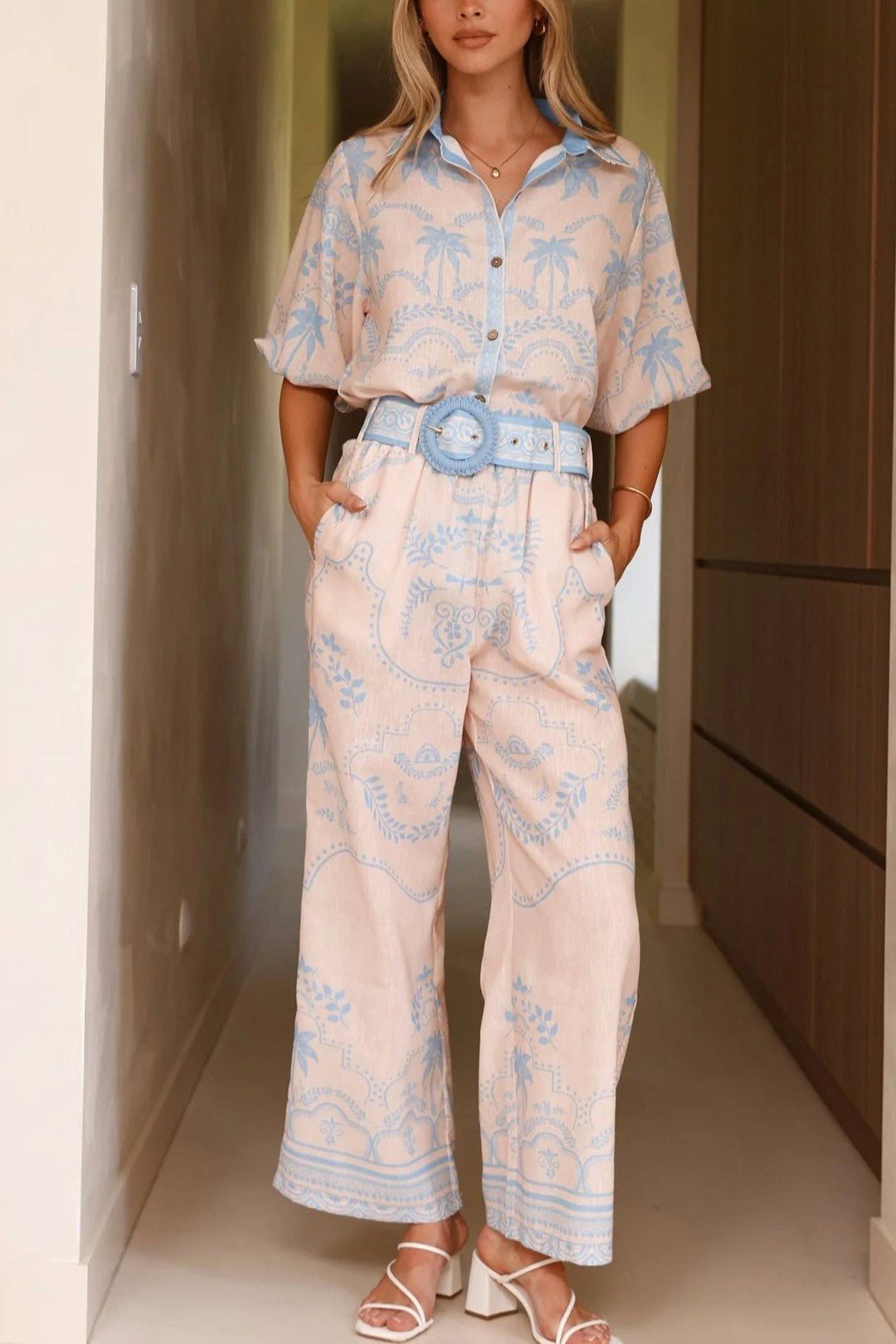 Border Print Shirt And Belted Pants Set - Blue - 1