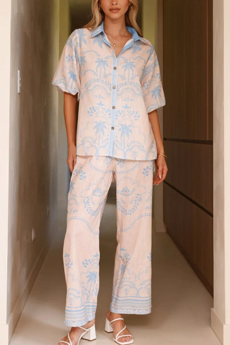 Border Print Shirt And Belted Pants Set - Blue - 2