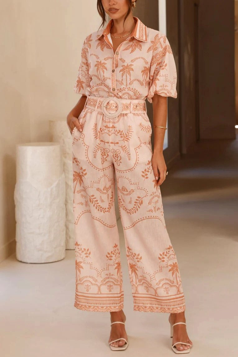 Border Print Shirt And Belted Pants Set - Pink