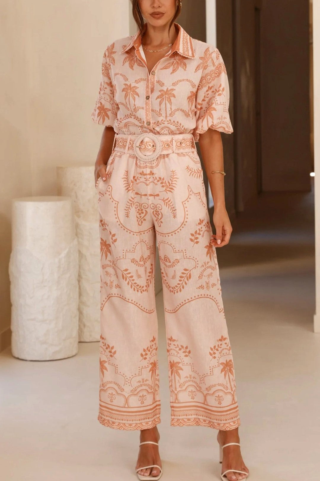 Border Print Shirt And Belted Pants Set - Pink - 1