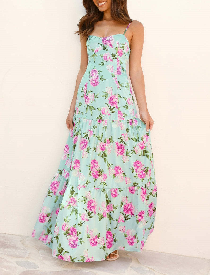 Floral Print Tiered Maxi Slip Dress - Blue