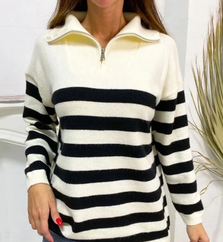 Half Zip Wide Stripe Collared Sweater - Black