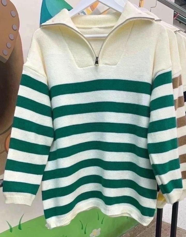 Half Zip Wide Stripe Collared Sweater - Green