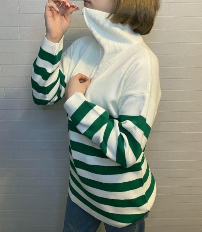 Half Zip Wide Stripe Collared Sweater - Green - 1