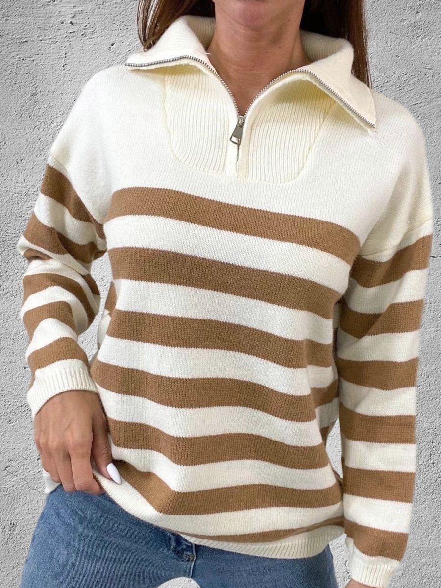 Half Zip Wide Stripe Collared Sweater - Khaki