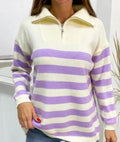 Half Zip Wide Stripe Collared Sweater - Purple