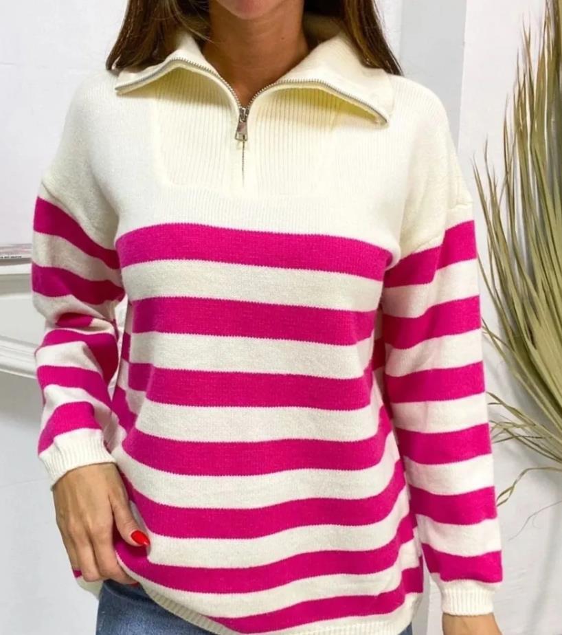 Half Zip Wide Stripe Collared Sweater - Rose_red
