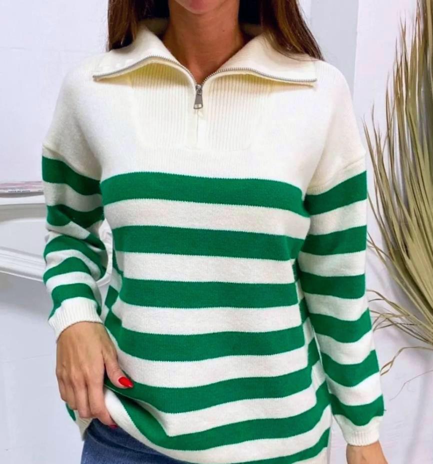 Half Zip Wide Stripe Collared Sweater