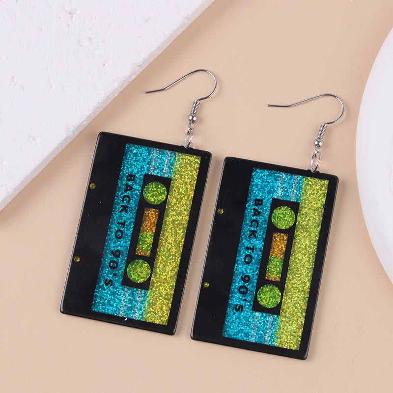 Glitter Cassette Tape Retro Dangle Earrings - Black