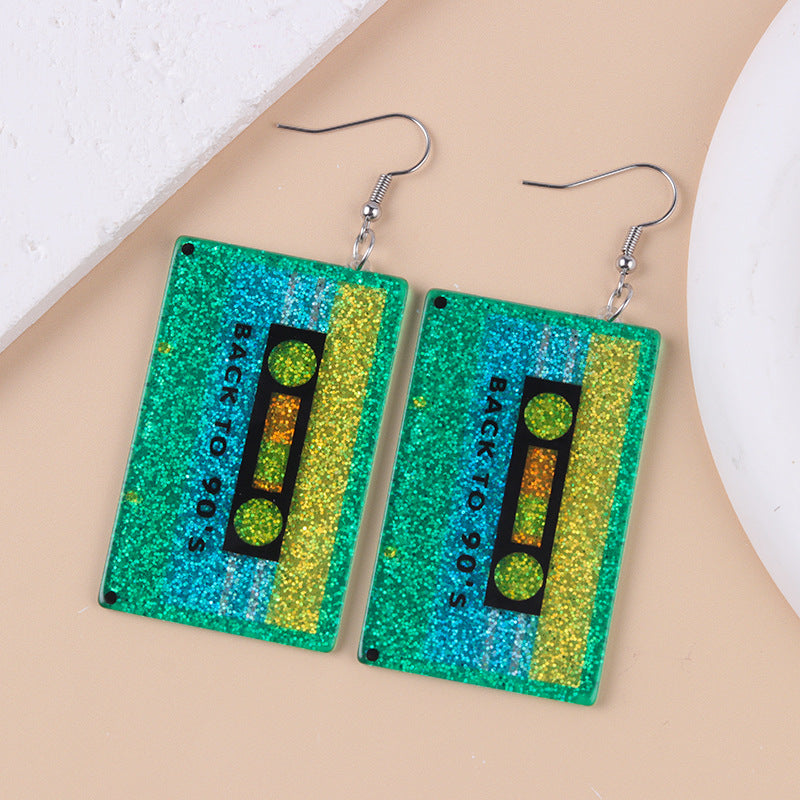 Glitter Cassette Tape Retro Dangle Earrings - Green