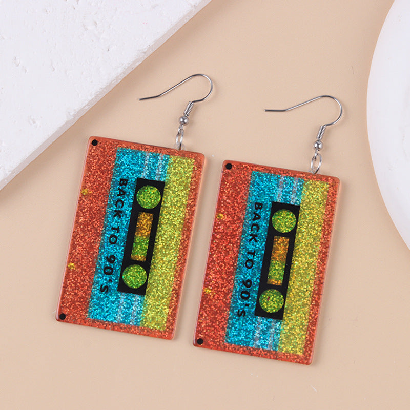Glitter Cassette Tape Retro Dangle Earrings - Orange