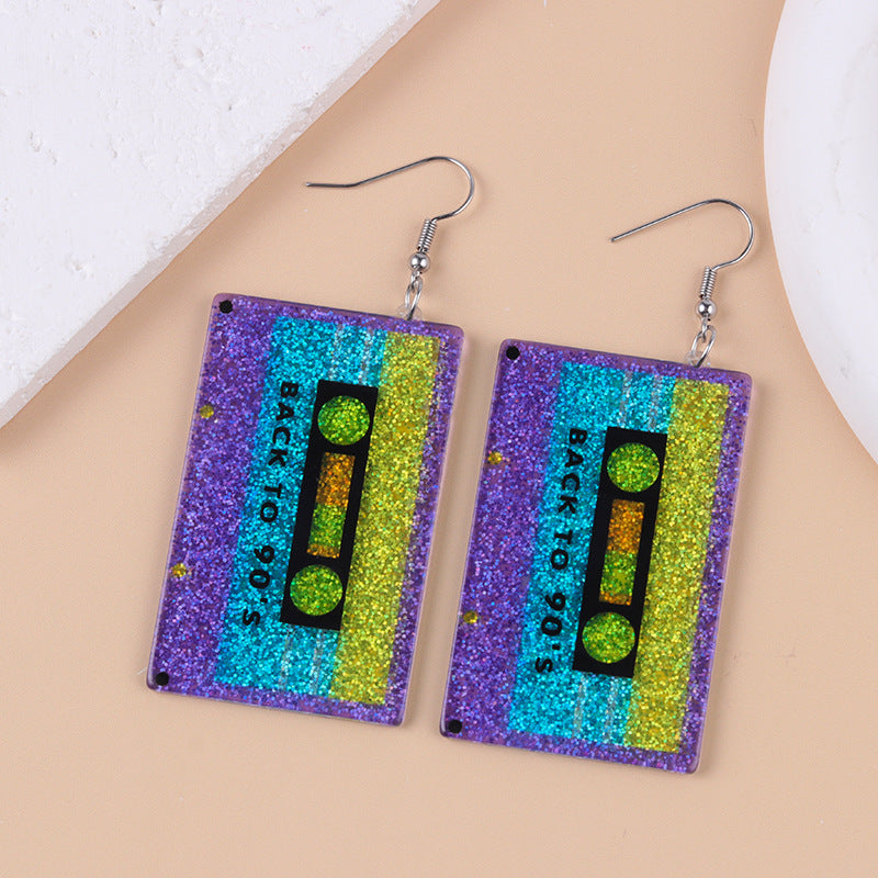 Glitter Cassette Tape Retro Dangle Earrings - Purple