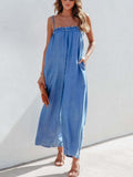 Chambray Wide Leg Strappy Jumpsuit - Blue