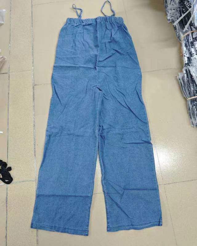 Chambray Wide Leg Strappy Jumpsuit - Blue - 2