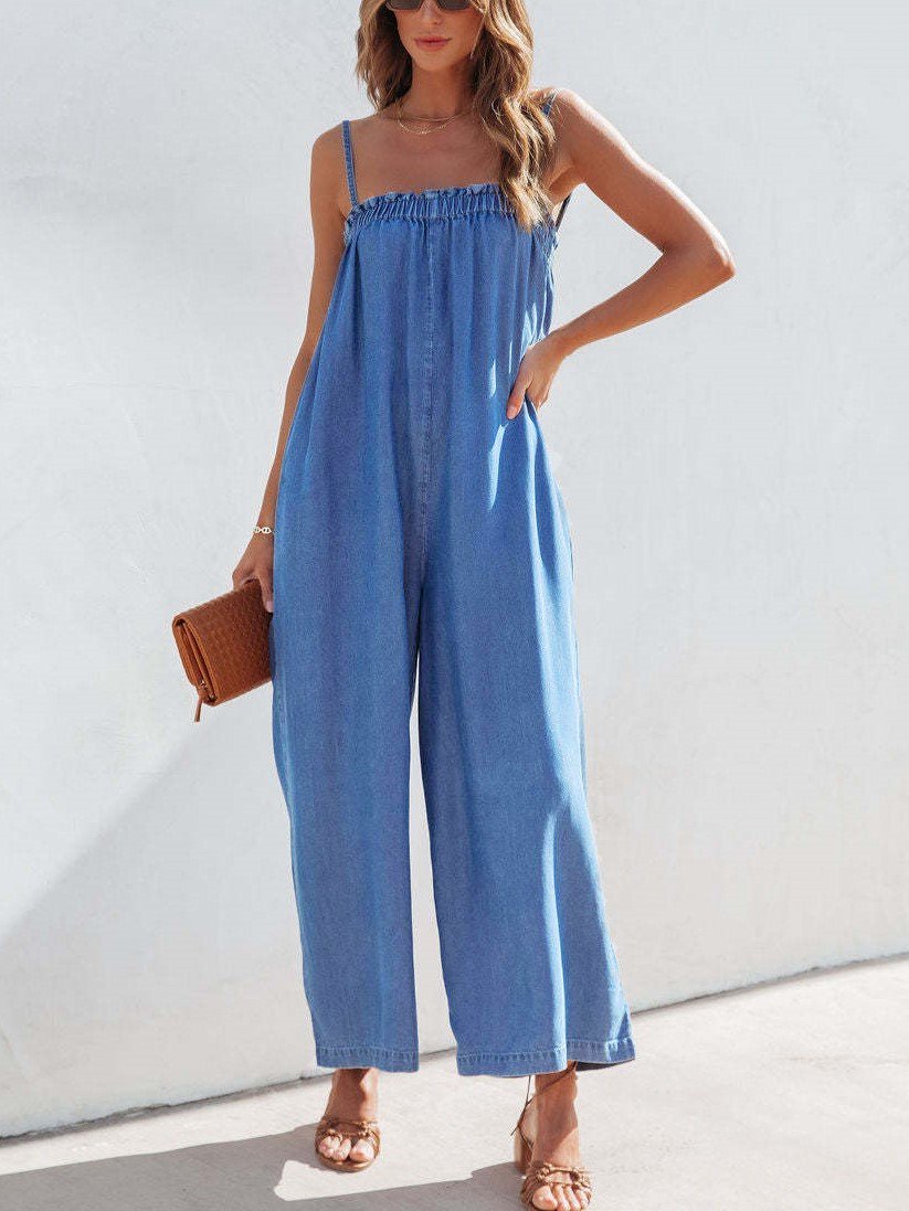 Chambray Wide Leg Strappy Jumpsuit