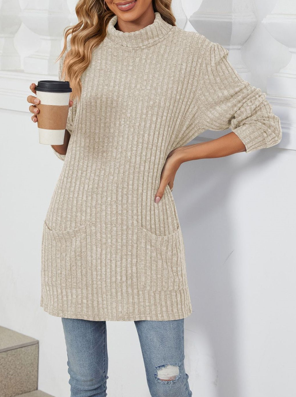 Mock Neck Ribbed Pocket Longline Tunic - Apricot