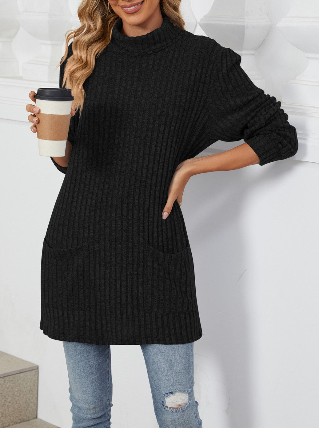 Mock Neck Ribbed Pocket Longline Tunic - Black