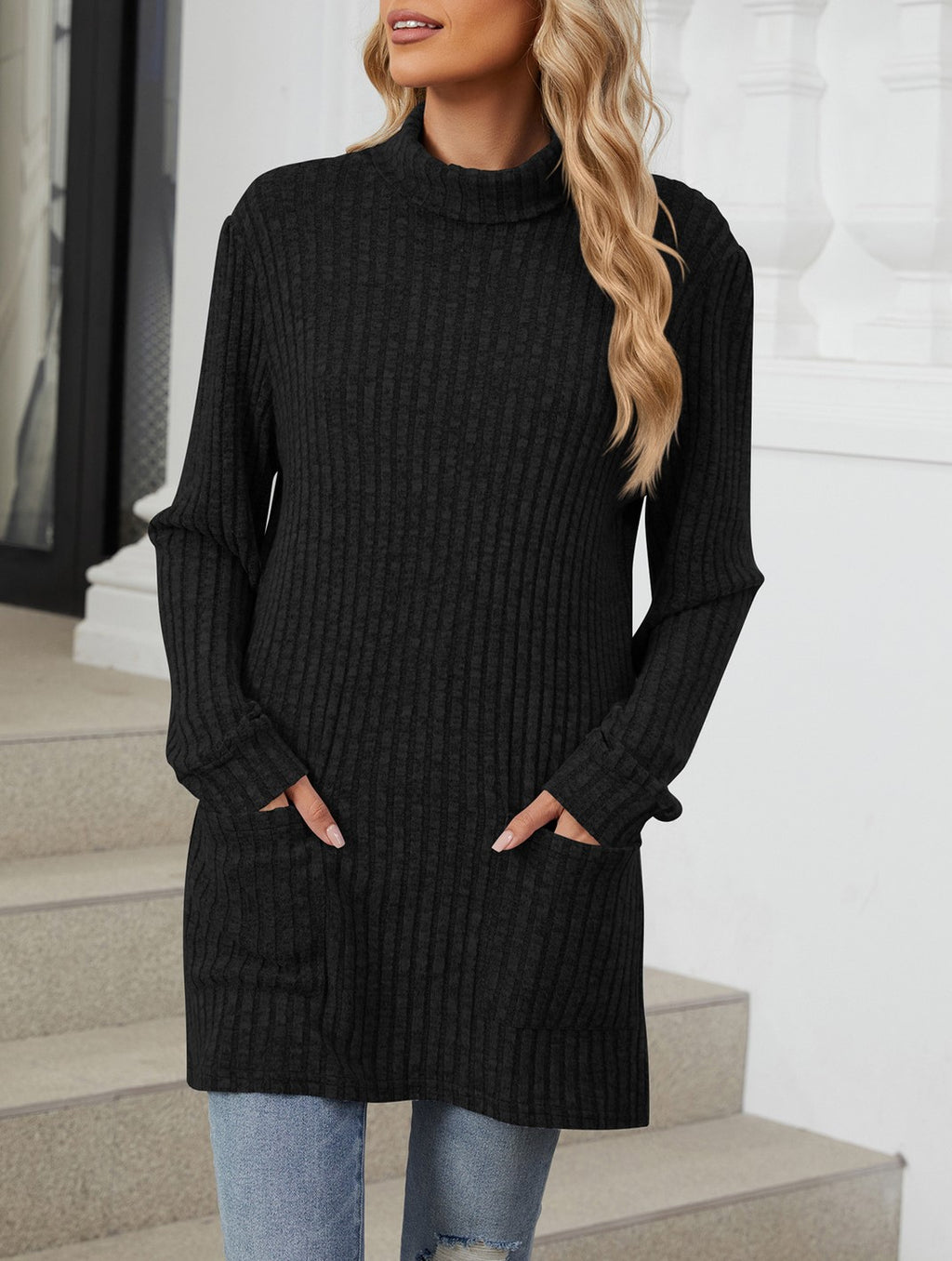 Mock Neck Ribbed Pocket Longline Tunic - Black - 1