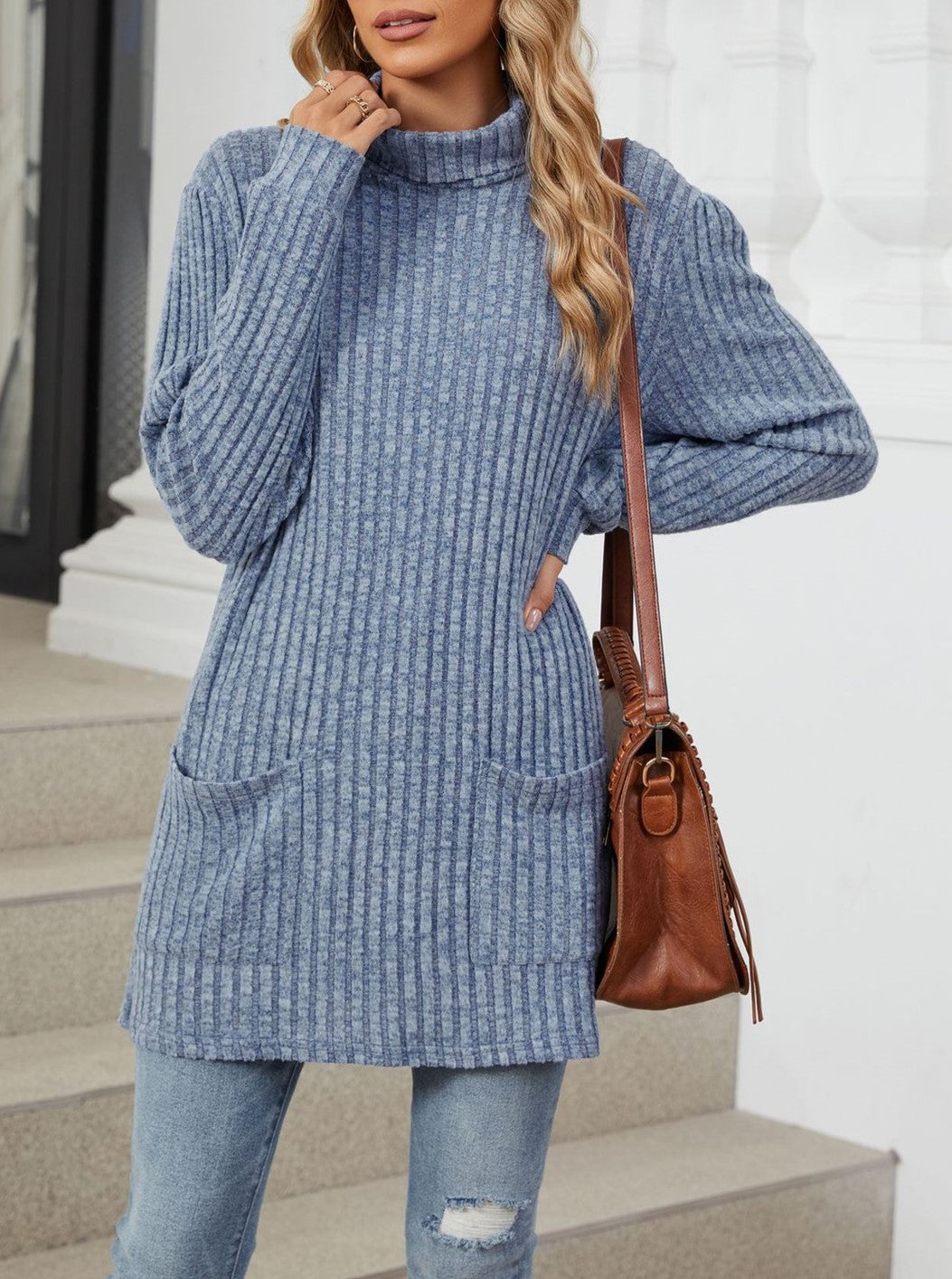 Mock Neck Ribbed Pocket Longline Tunic - Blue - 1