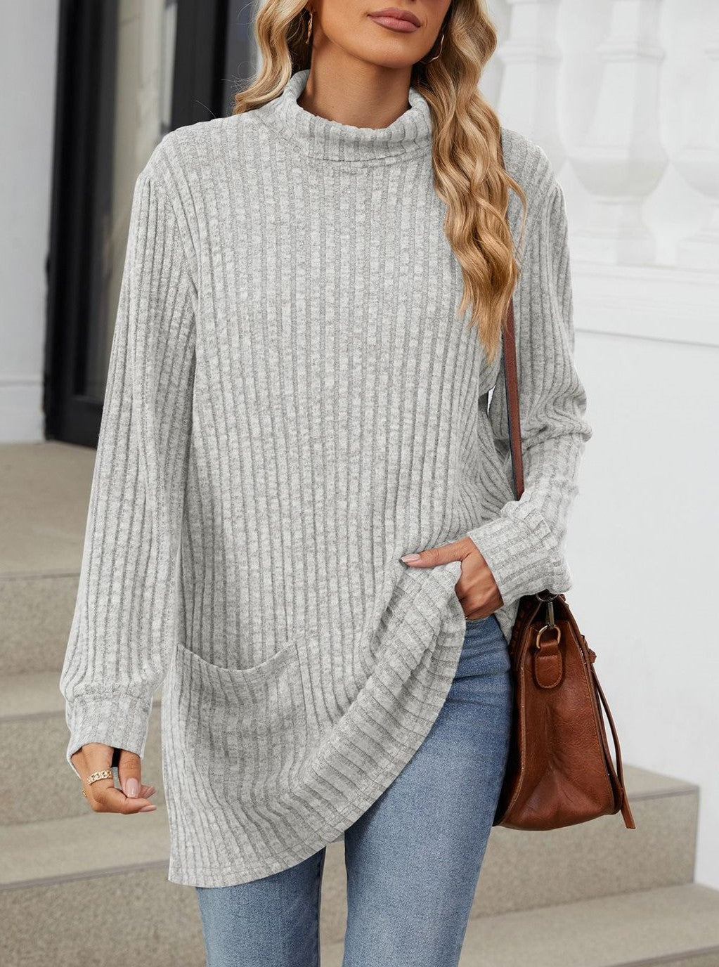 Mock Neck Ribbed Pocket Longline Tunic - Grey - 1