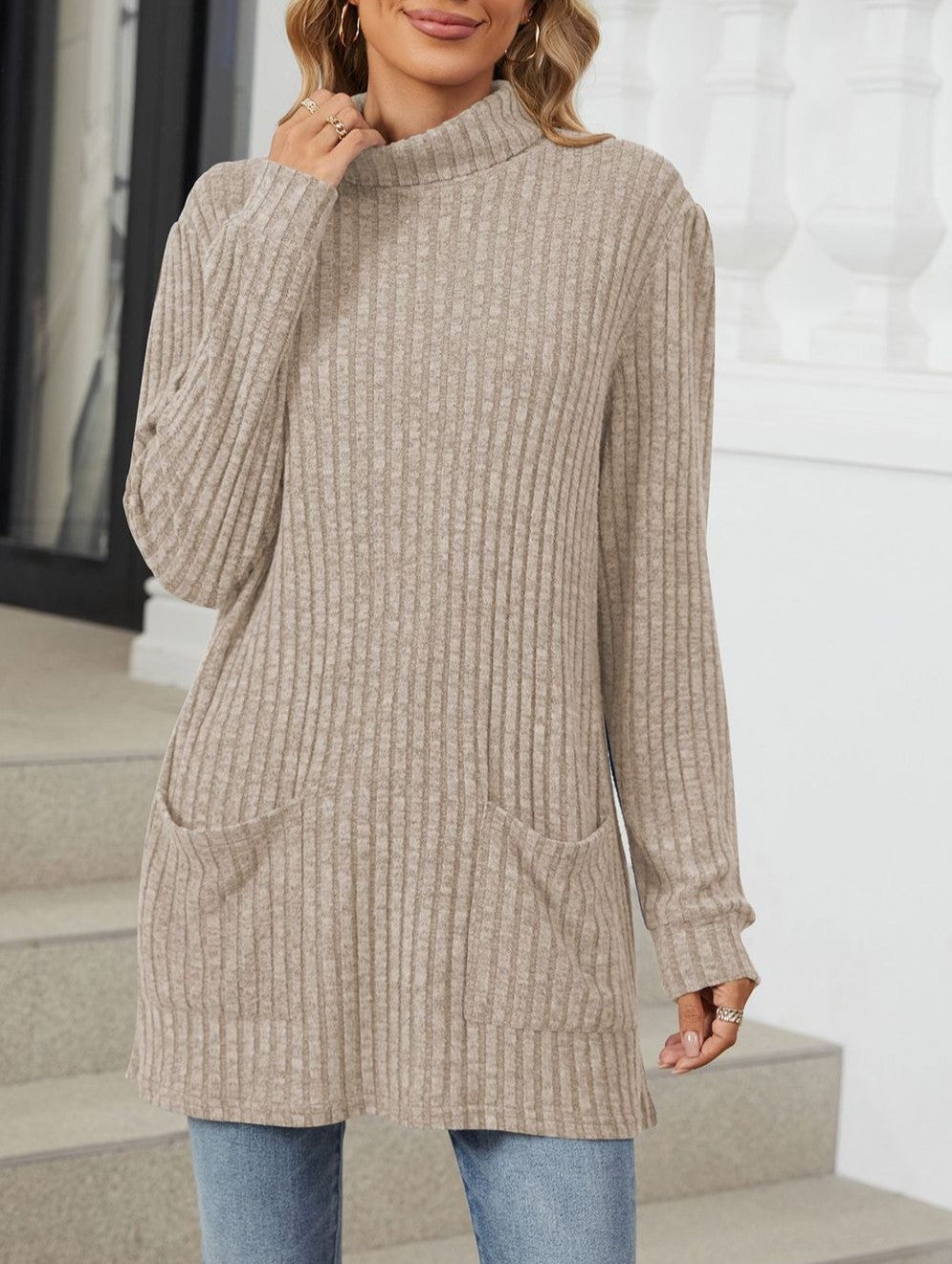 Mock Neck Ribbed Pocket Longline Tunic - Khaki