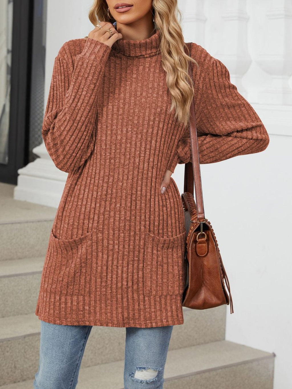 Mock Neck Ribbed Pocket Longline Tunic - Orange