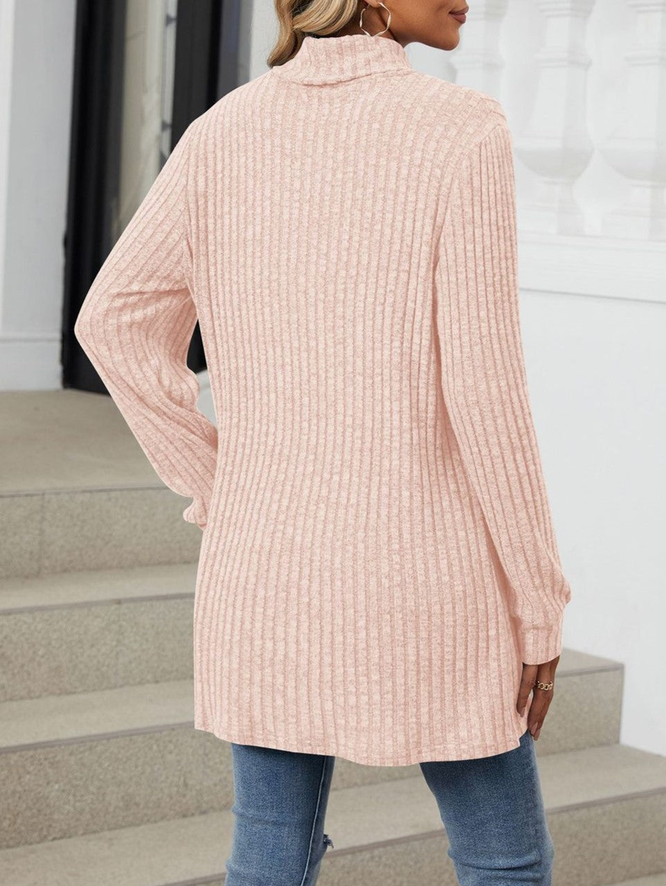 Mock Neck Ribbed Pocket Longline Tunic - Pink - 1