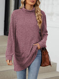 Mock Neck Ribbed Pocket Longline Tunic - Purple