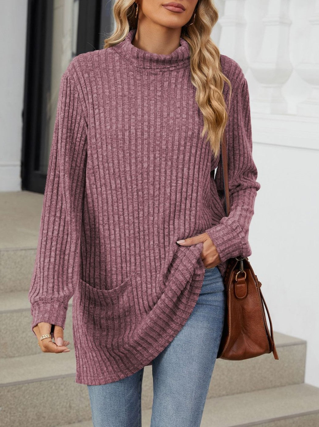 Mock Neck Ribbed Pocket Longline Tunic - Purple