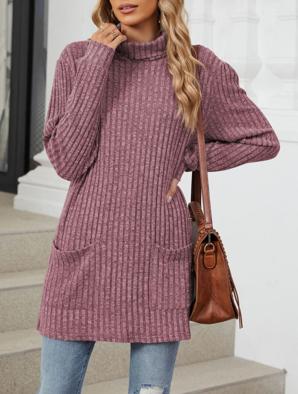 Mock Neck Ribbed Pocket Longline Tunic - Purple - 1