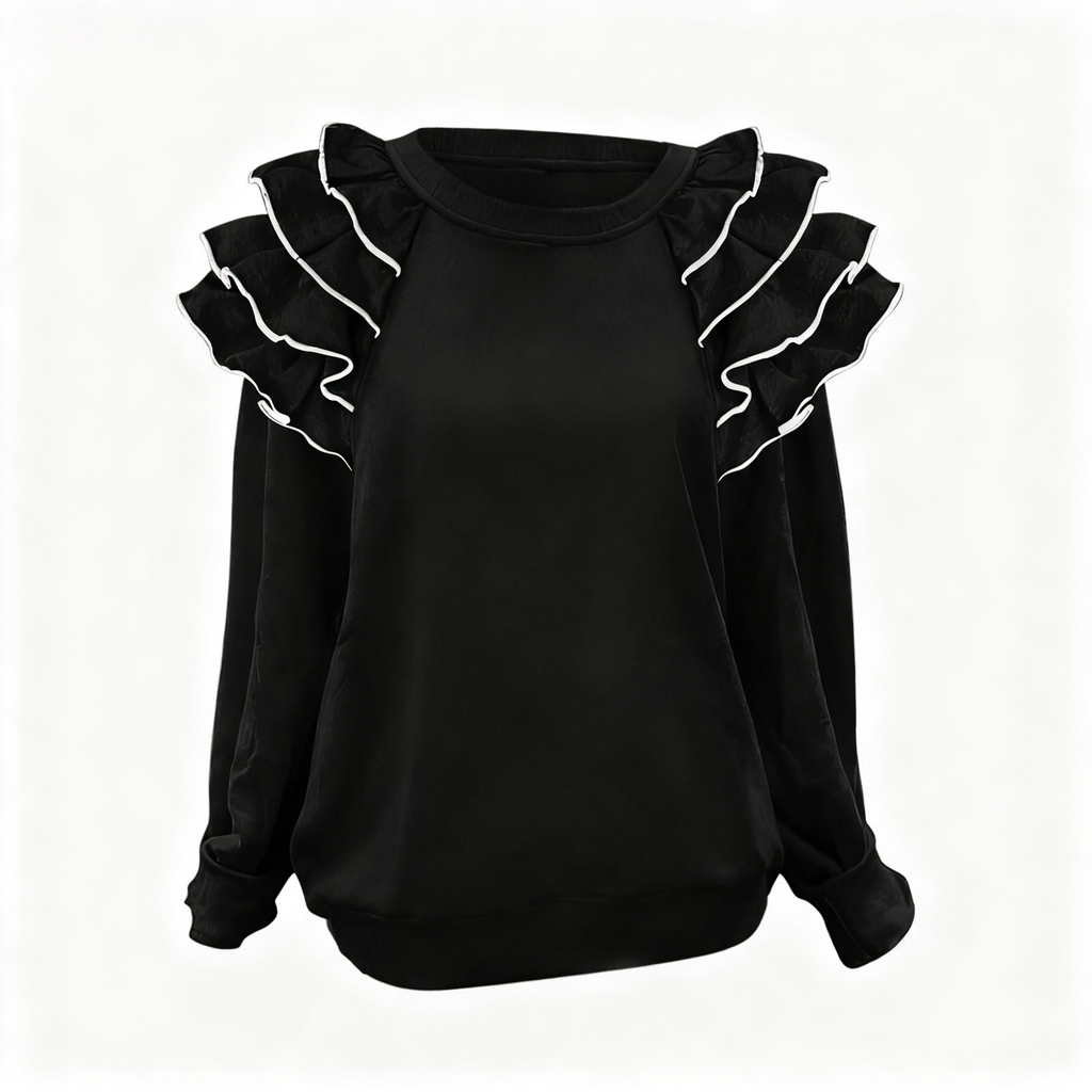 Layered Ruffle Shoulder Round Neck Blouse - Black