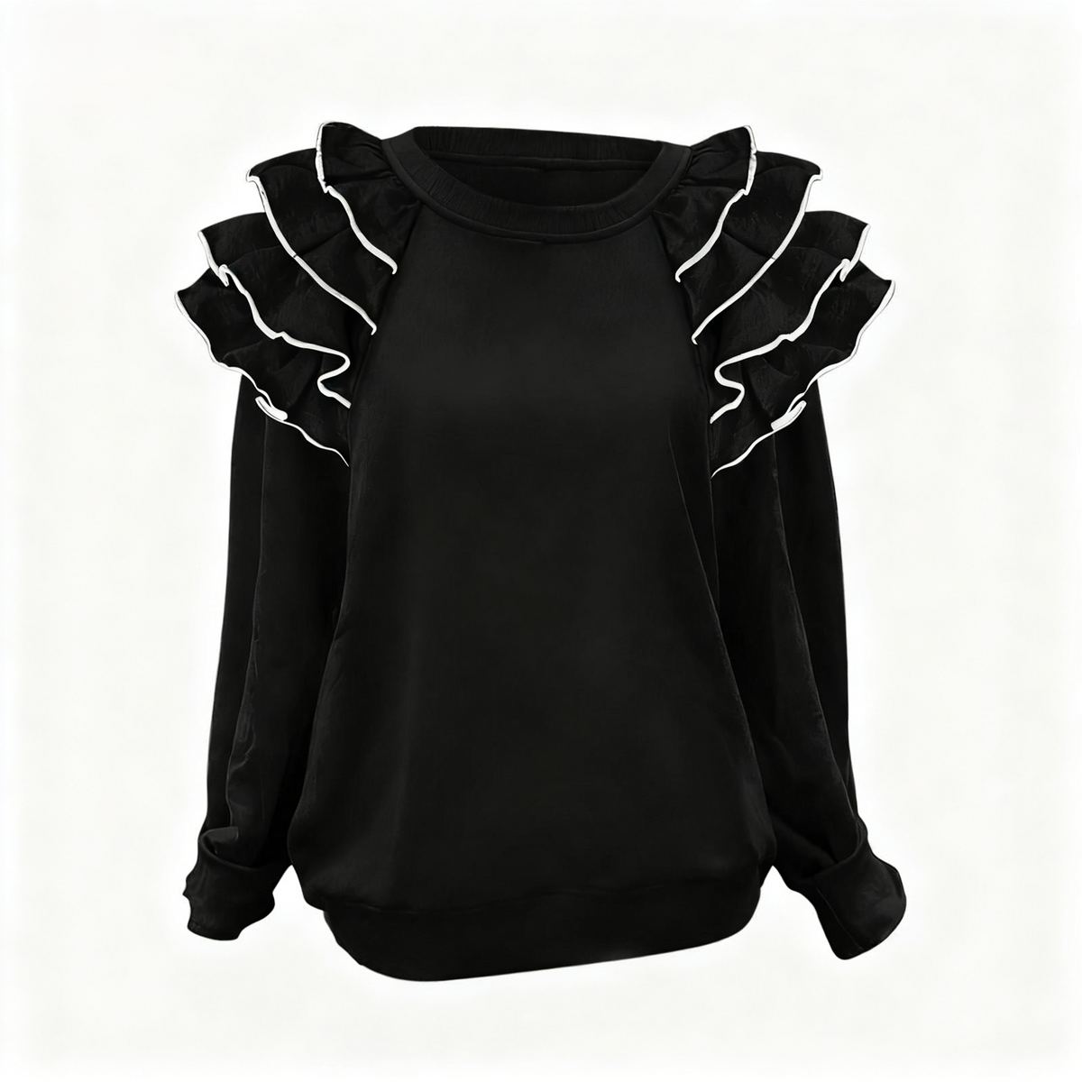 Layered Ruffle Shoulder Round Neck Blouse - Black
