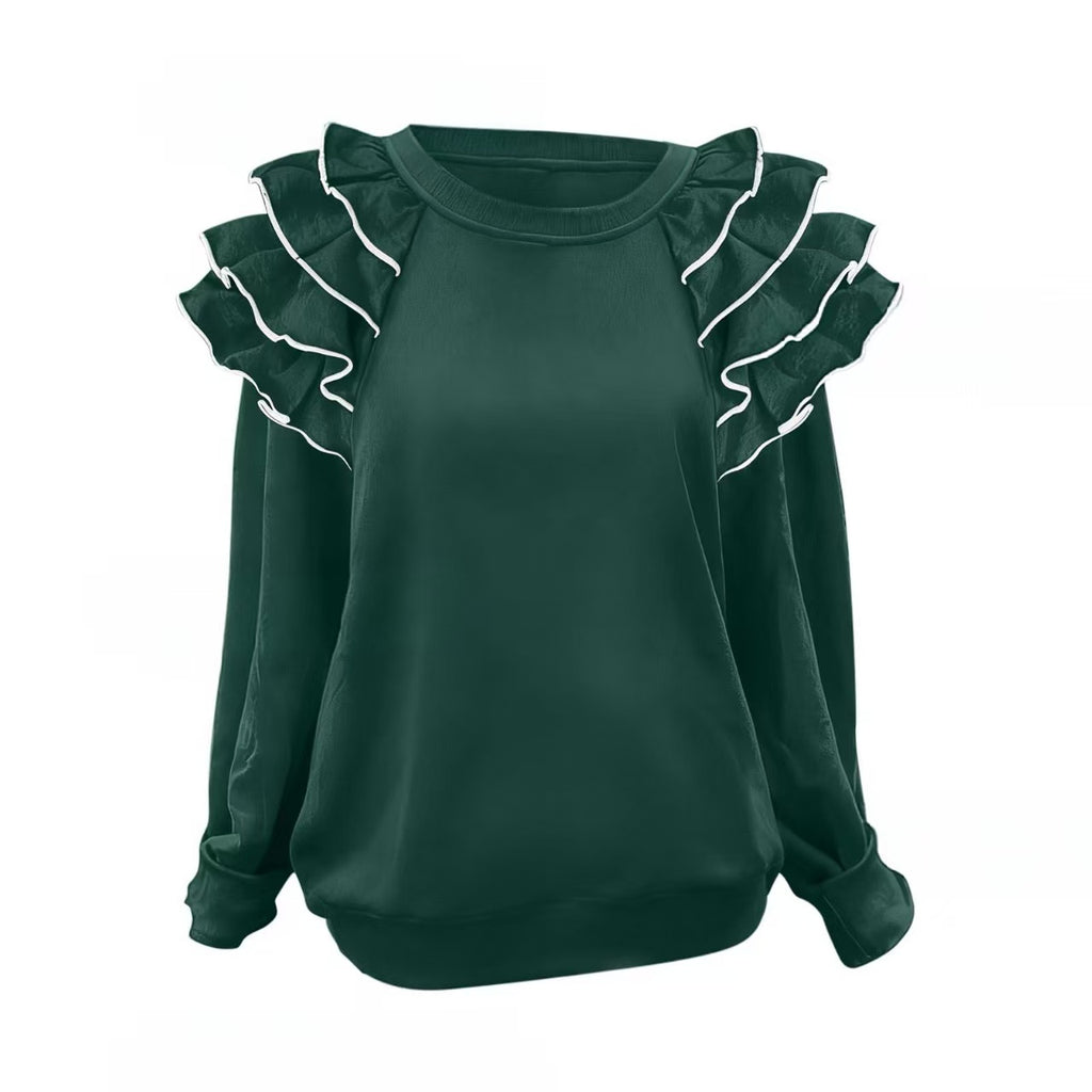 Layered Ruffle Shoulder Round Neck Blouse - DkGreen
