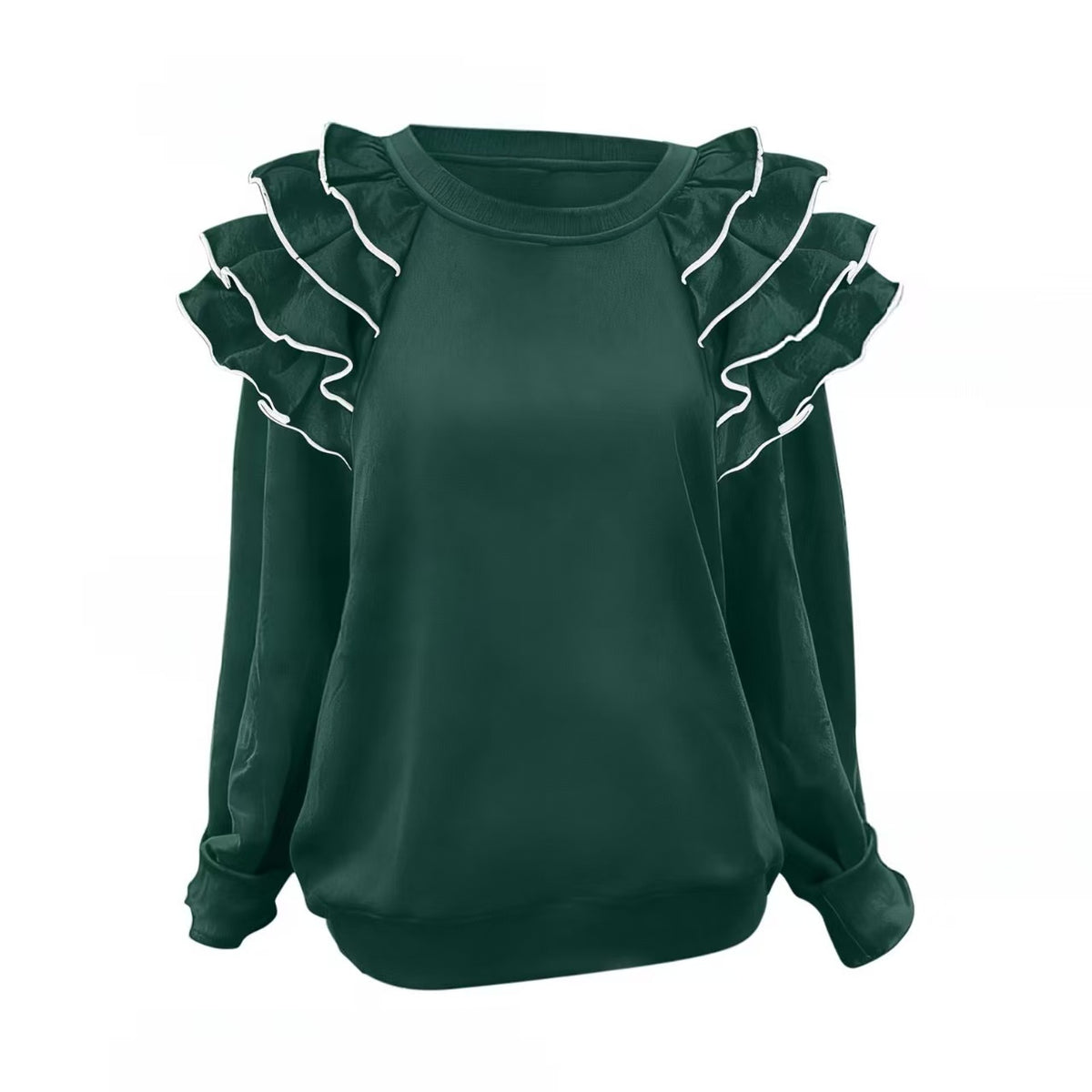 Layered Ruffle Shoulder Round Neck Blouse - DkGreen