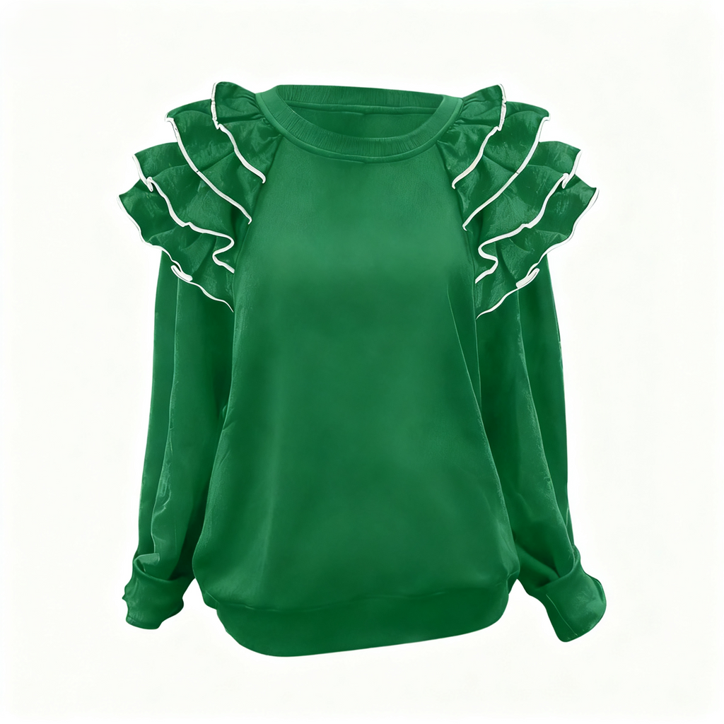 Layered Ruffle Shoulder Round Neck Blouse - Green