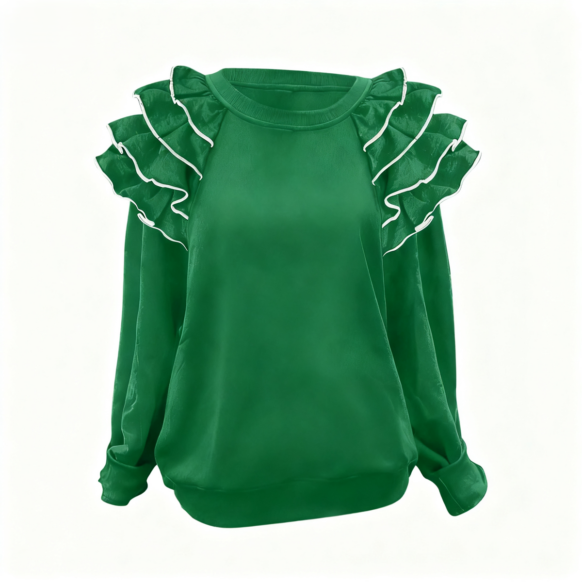 Layered Ruffle Shoulder Round Neck Blouse - Green
