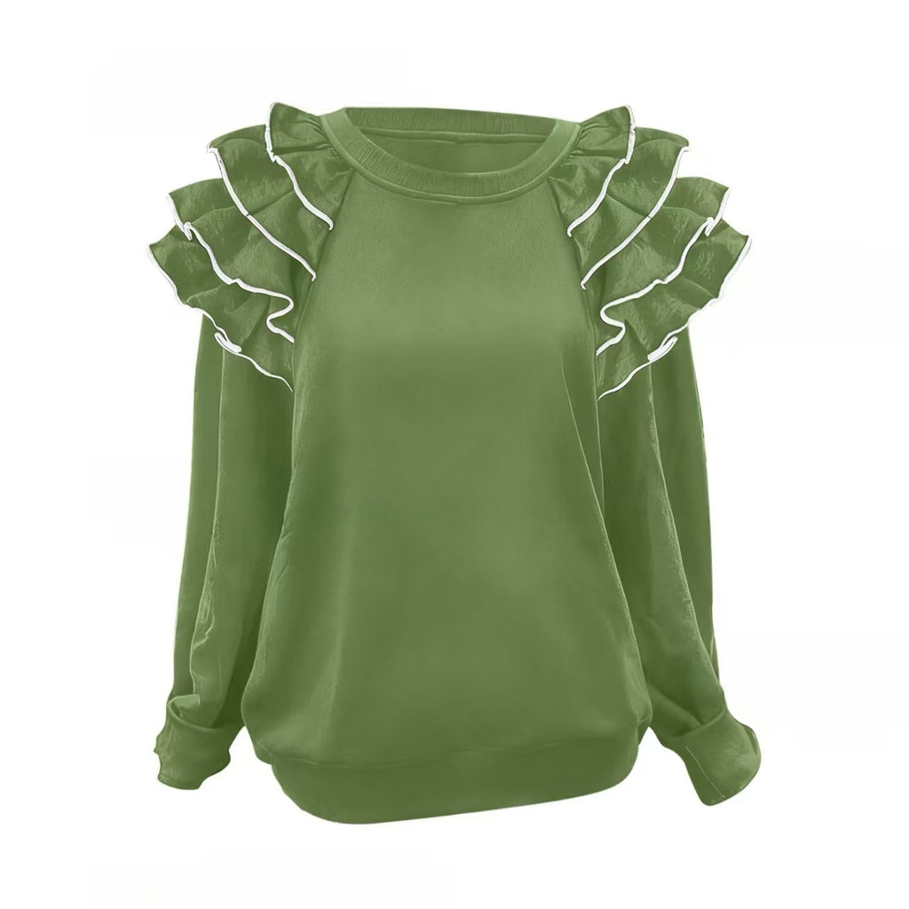 Layered Ruffle Shoulder Round Neck Blouse - Olive