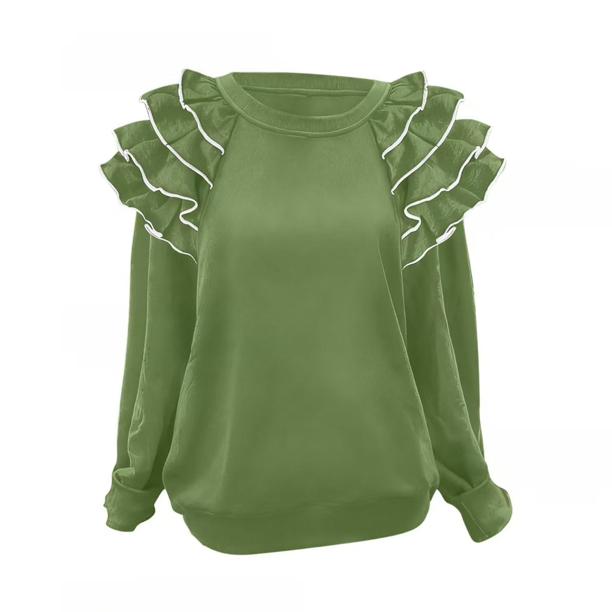 Layered Ruffle Shoulder Round Neck Blouse - Olive