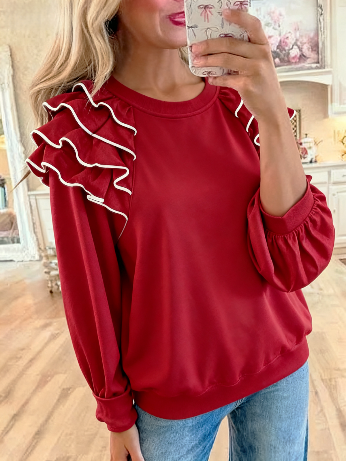 Layered Ruffle Shoulder Round Neck Blouse - Red
