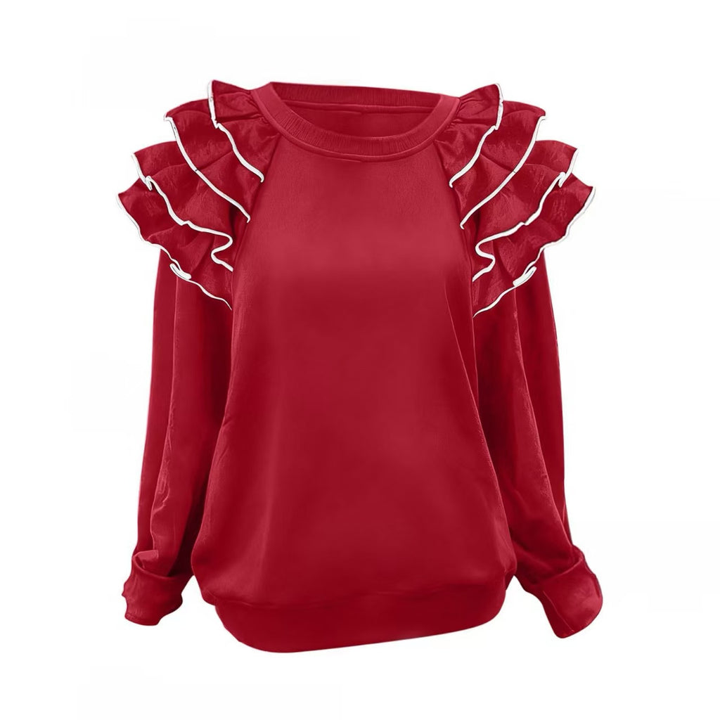 Layered Ruffle Shoulder Round Neck Blouse - Red - 1