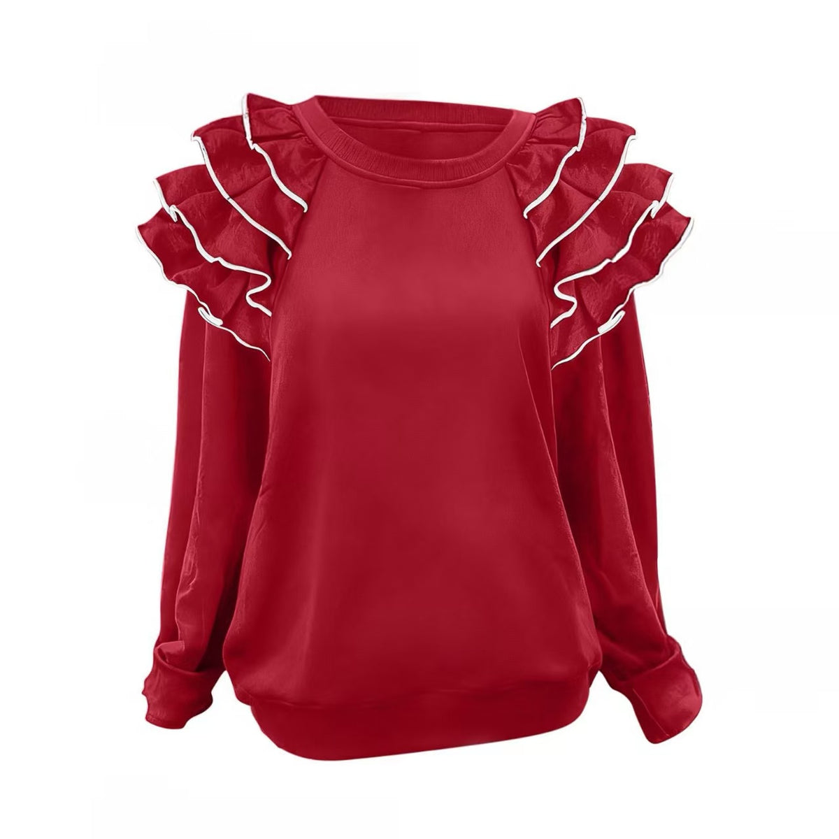 Layered Ruffle Shoulder Round Neck Blouse - Red - 1