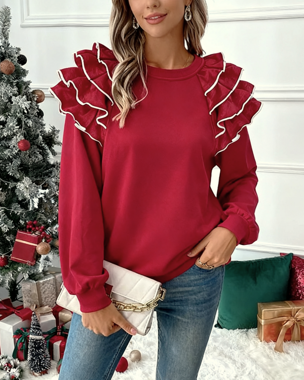 Layered Ruffle Shoulder Round Neck Blouse - Red - 2