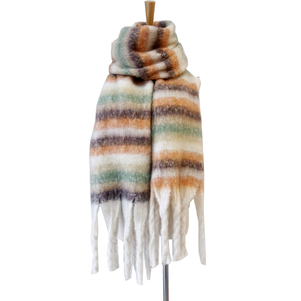 Brushed Multi Stripe Tassel Scarf - beige