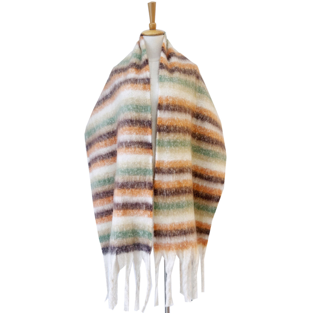 Brushed Multi Stripe Tassel Scarf - beige - 1