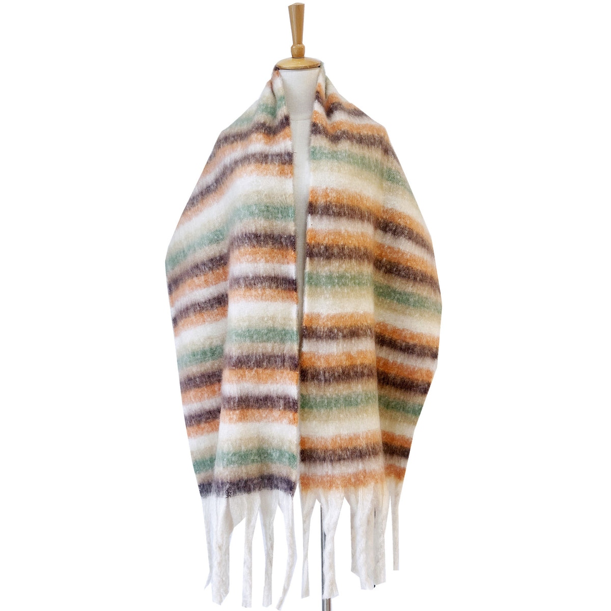 Brushed Multi Stripe Tassel Scarf - beige - 1