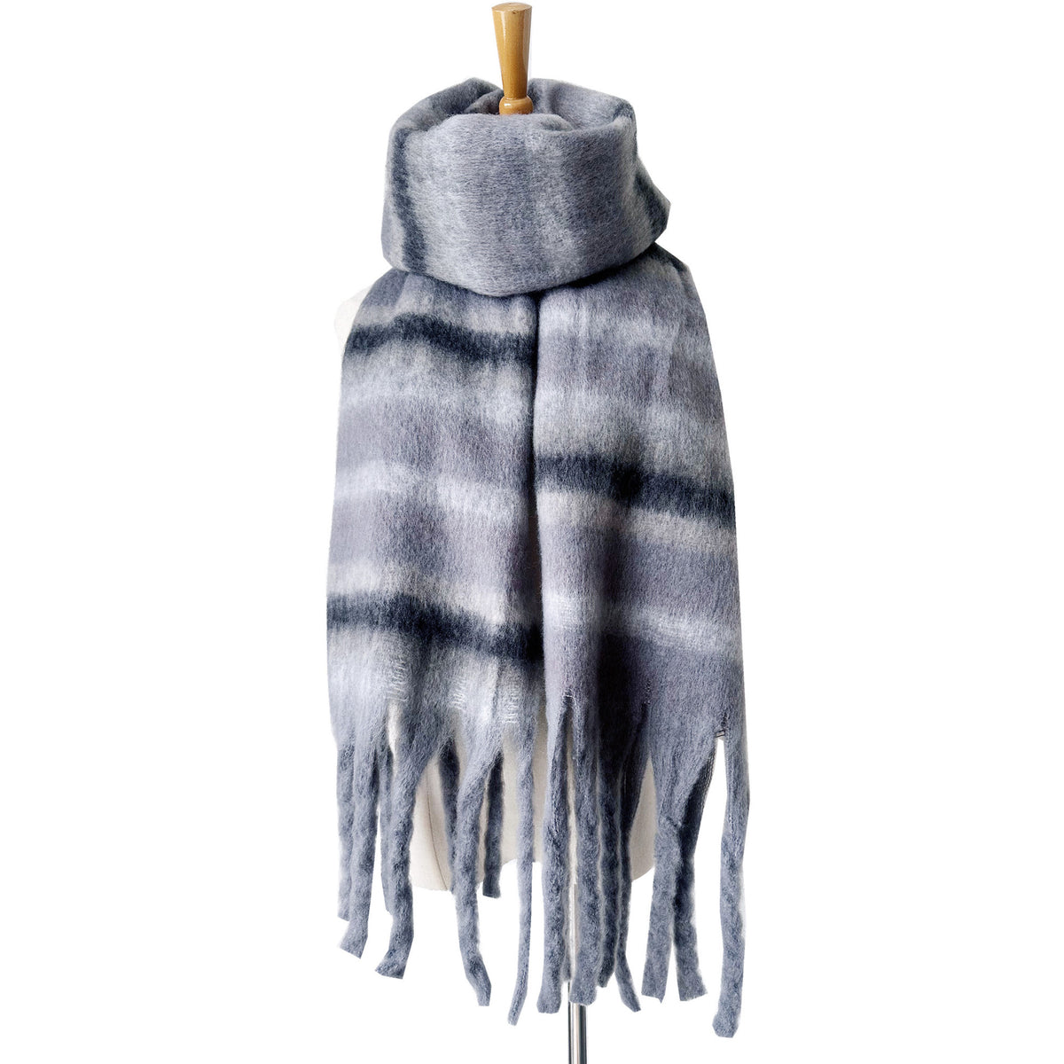 Brushed Multi Stripe Tassel Scarf - grey