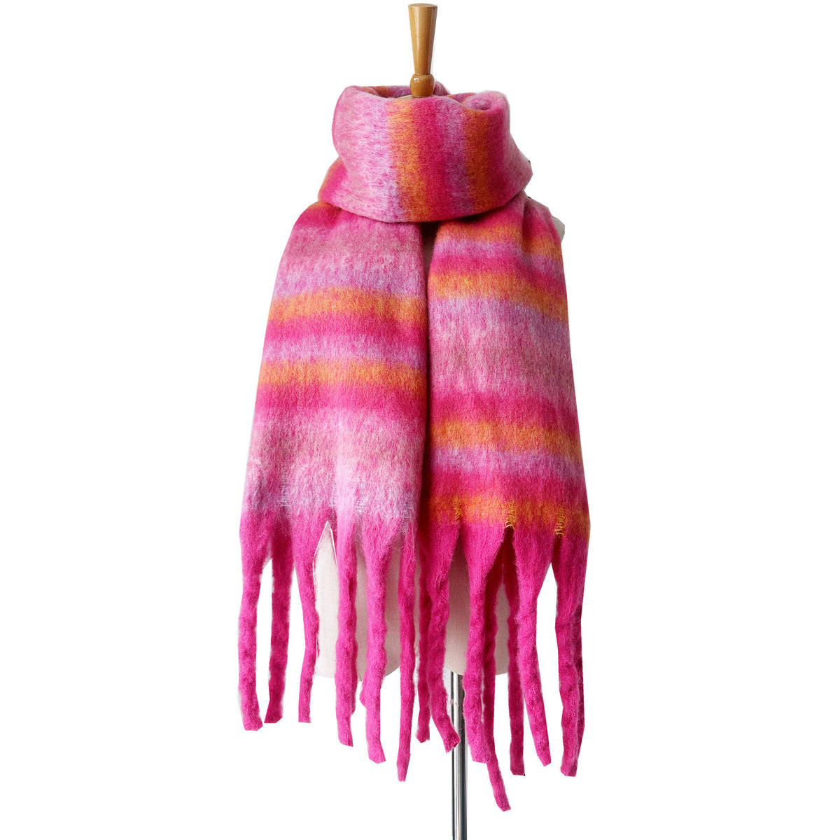 Brushed Multi Stripe Tassel Scarf - hot_pink